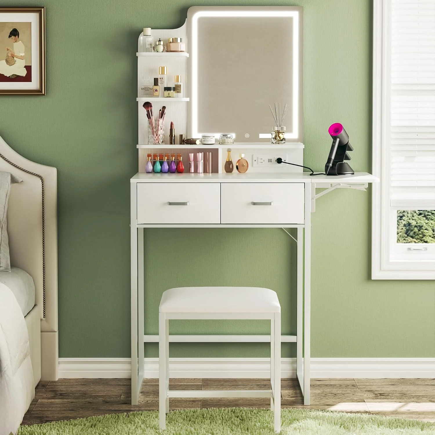 Fixwal Small Makeup Vanity Table with LED Mirror, 4 Drawers & Charging Station, White - Image 15
