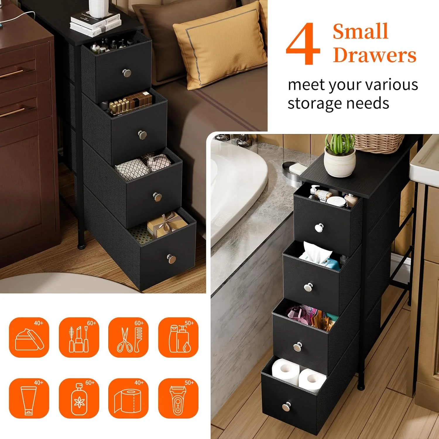 Black Narrow Storage Cabinet with 4 Fabric Drawers, Slim Storage Dresser - Image 6