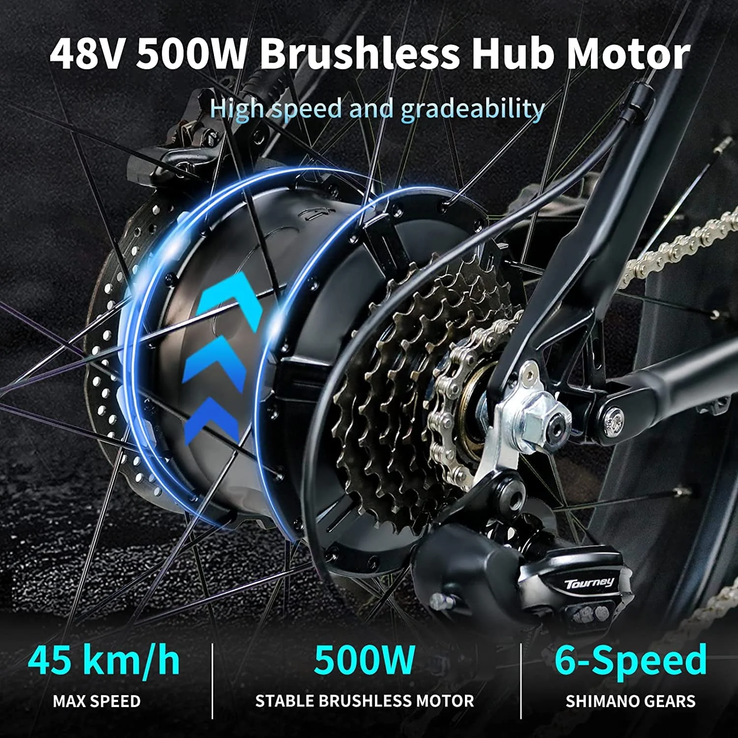 Electric Bike Electric Mountain Bike 500W Ebike26'' Fat Tire Ebike, 28+MPH Adults Ebike with Removable 48V 15ah Battery, Shimano 6 - Speed Black - Image 4