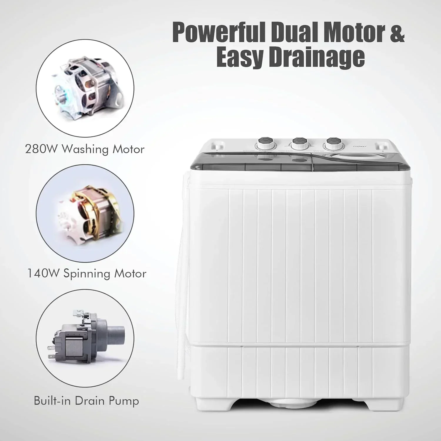 Costway Double Tub Washing Machine, 26 lb Capacity, 18 lb Wash, 8 lb Spin, Drain Pump - Image 9