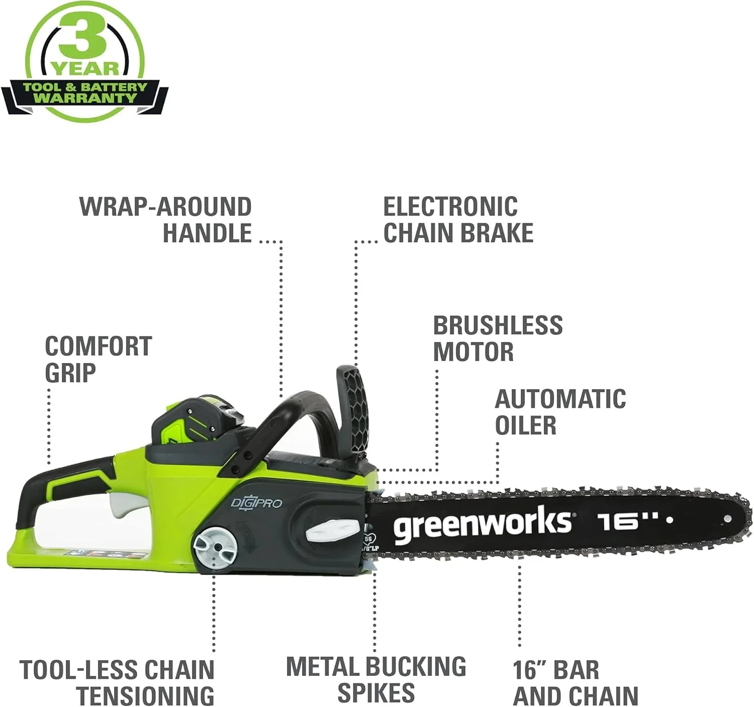 Greenworks 40V 16" Brushless Cordless Chainsaw, 4.0Ah Battery and Charger Included - Image 13