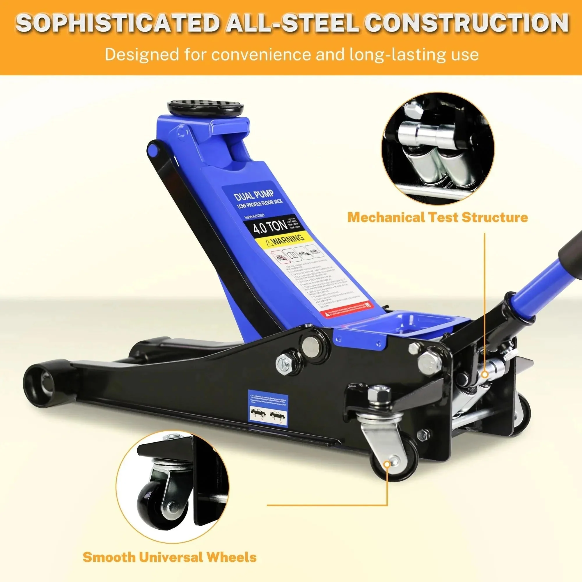 4-Ton Floor Jack, Low Profile Car Jack, Heavy-Duty Trolley Jack Car Lift with Dual Pump Pistons, Lifting Range 4"-21", 8000LBS - Image 7