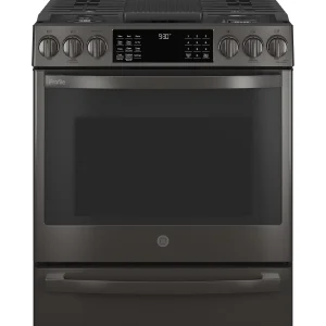 GE APPLIANCES Profile 30in Smart Slide-In Front-Control Gas Range, Black Stainless - PGS930BPTS