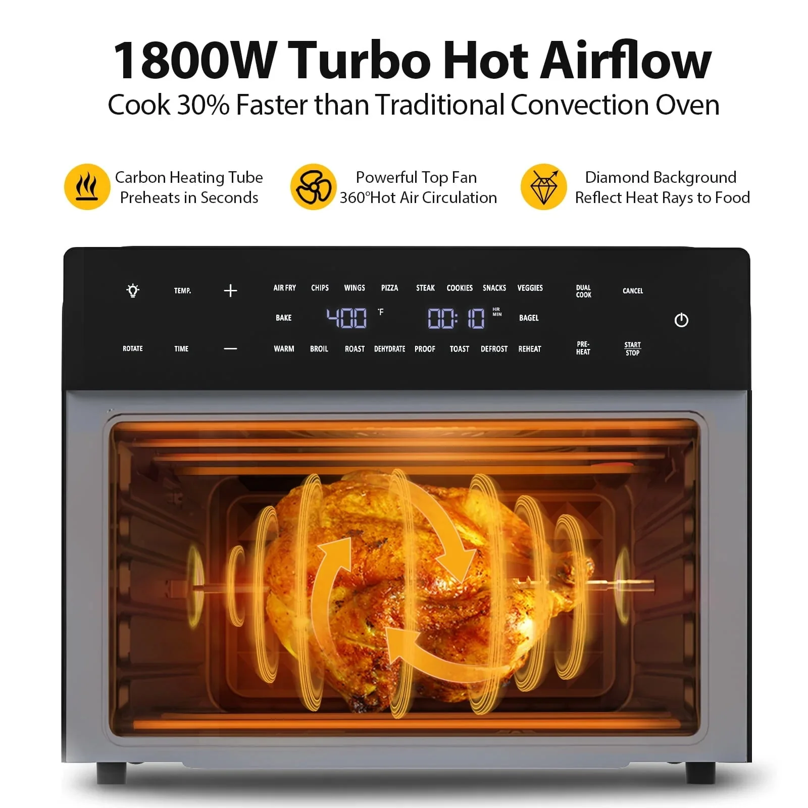 Beelicious 32QT Air Fryer Toaster Oven With Rotisserie And Dehydrator, 6 Accessories, 1800W, Black - Image 4