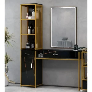 Barber Salon Station With Lockable Drawer, Left Shelf And Storage Cabinet - Black