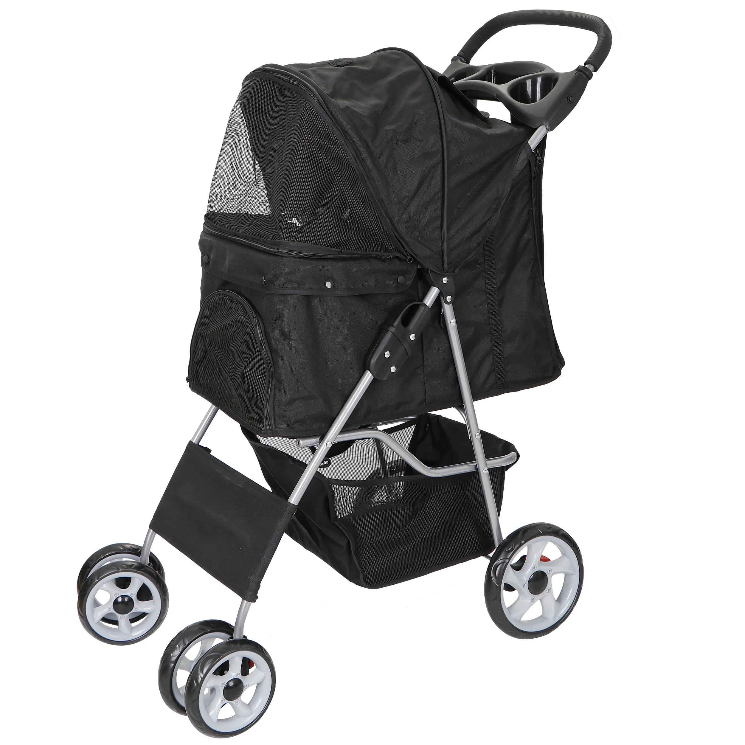 HomGarden 4 Wheel Foldable Pet Stroller Carrier Cart With Storage Basket And Cup Holder - Black - Image 5