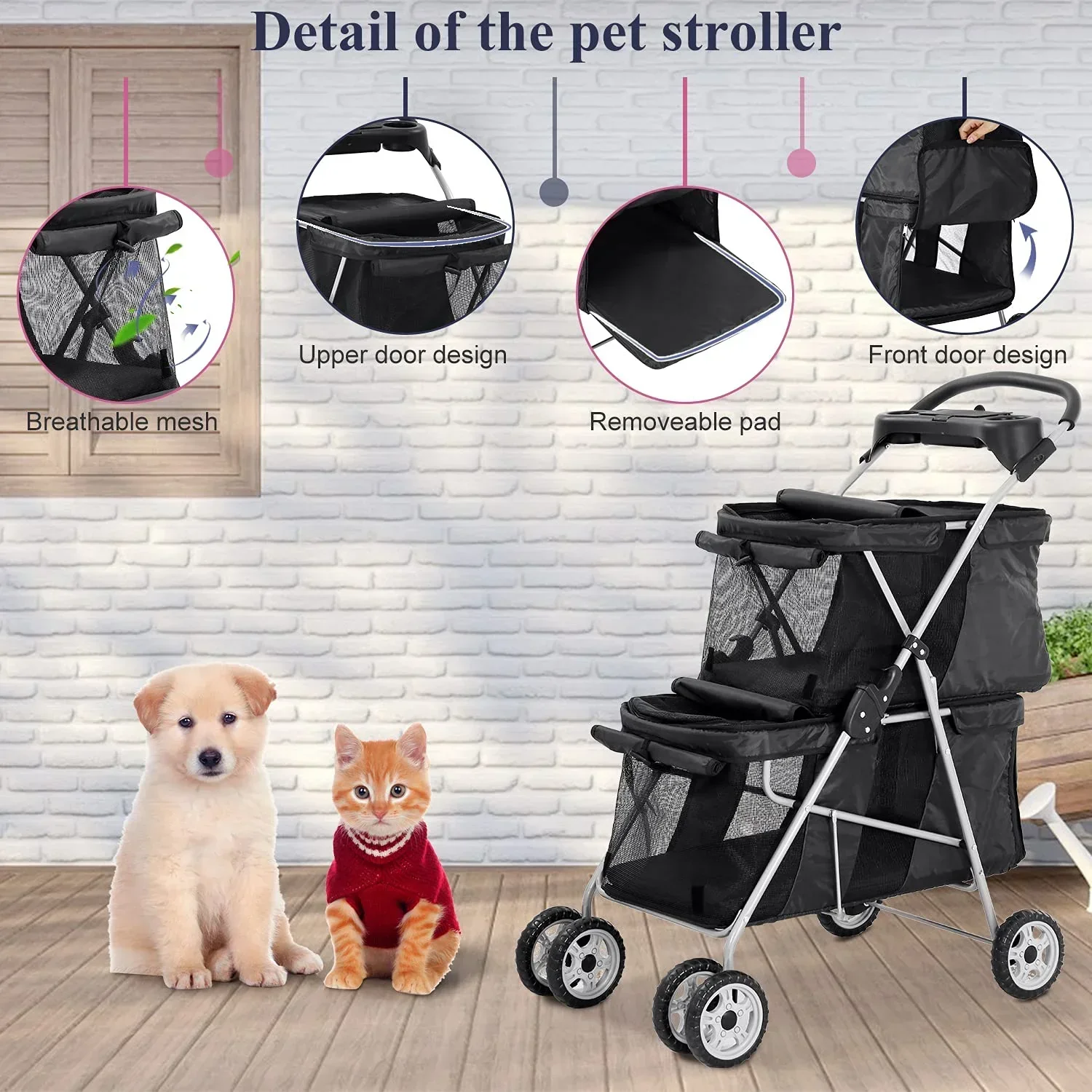 4-Wheel Foldable Pet Stroller With 2 Cages - Image 5