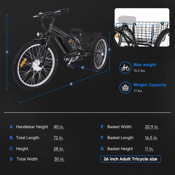 26 Inch Adult 3 Wheel Electric Tricycle with Basket, Fat Tires,7 Speeds,350W Powerful Motor, 36V 10Ah Removable Battery Dark Gray - Image 2