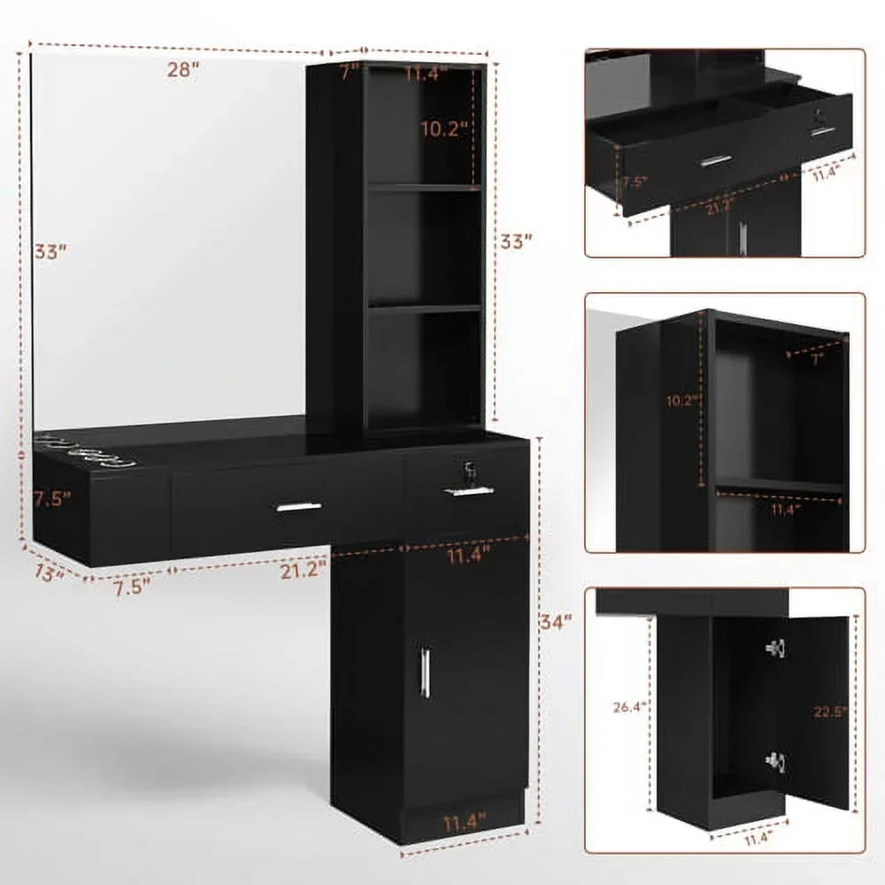 OmySalon Wall Mount Salon Station With Mirror, 1 Storage Cabinet, 2 Drawers And 3-Tier Shelf - Black - Image 5