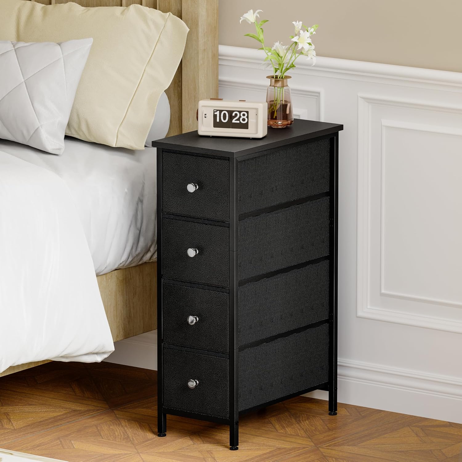 Black Narrow Storage Cabinet with 4 Fabric Drawers, Slim Storage Dresser