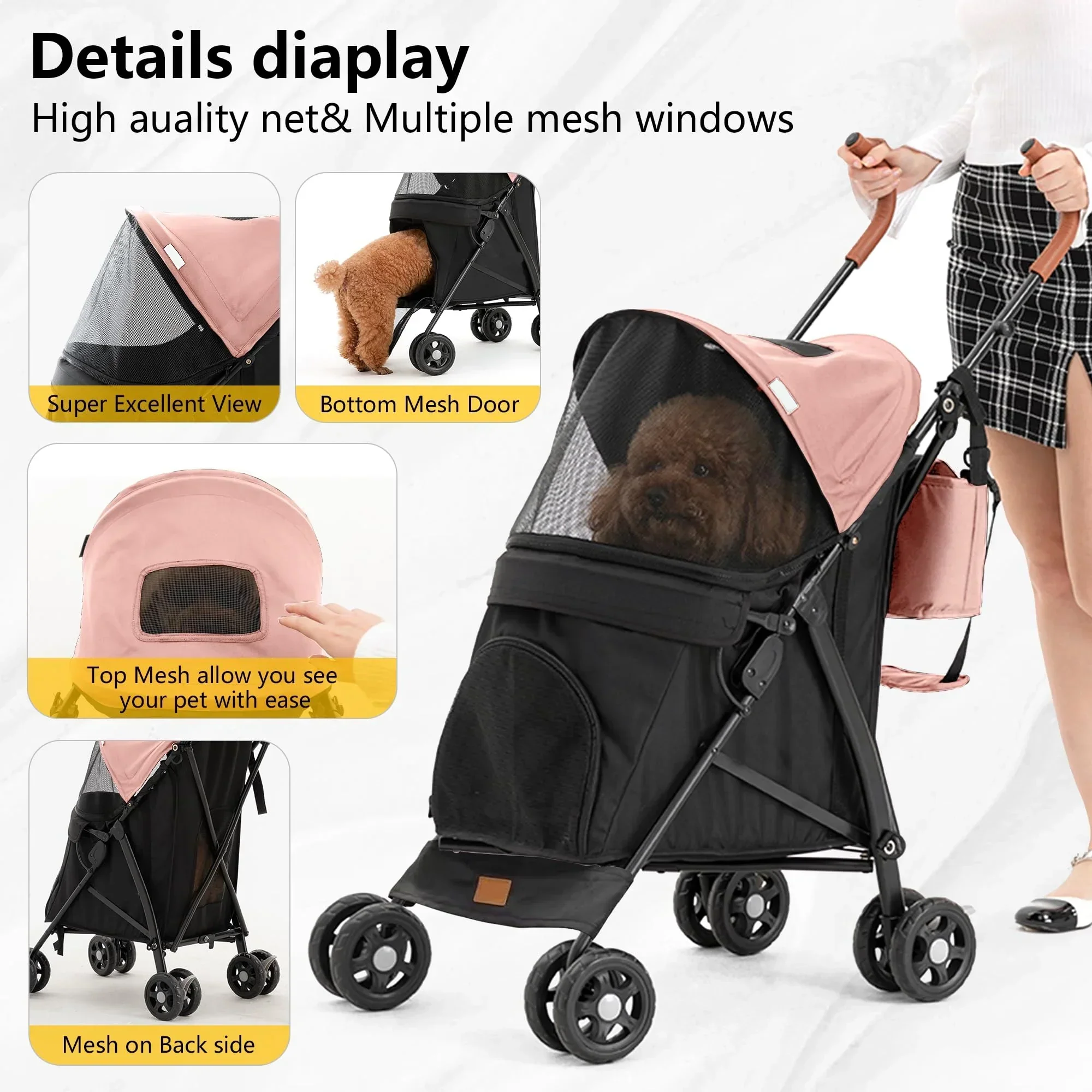 3 In 1 Folding Pet Stroller With Storage Basket And Cup Holder, Pink - Image 4