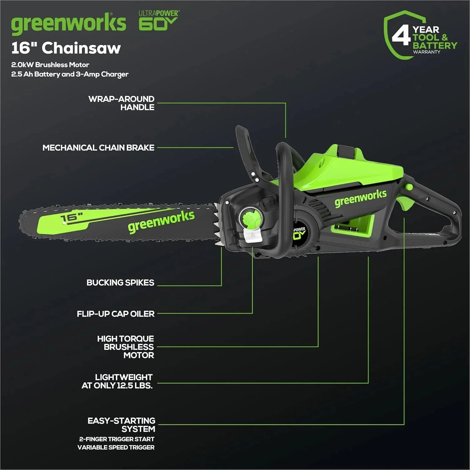 Greenworks 40V 16" Brushless Cordless Chainsaw, 4.0Ah Battery and Charger Included - Image 4