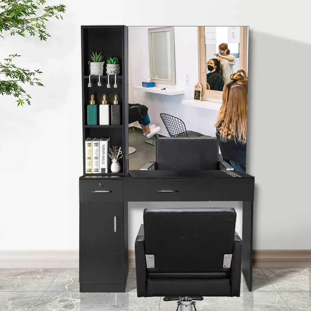 OmySalon Wall-Mount Barber Station With Mirror, 2 Drawers, 1 Storage Cabinet And 3 Open Shelves - Image 6