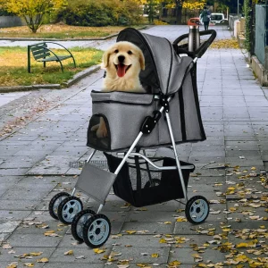 Dkelincs 4-Wheel Foldable Dog Cat Stroller Travel Carrier, Grey - 29.5in L x 18.9in W x 39.8in H