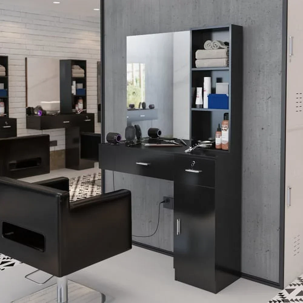 OmySalon Wall Mount Salon Station With Mirror, 1 Storage Cabinet, 2 Drawers And 3-Tier Shelf - Black - Image 2