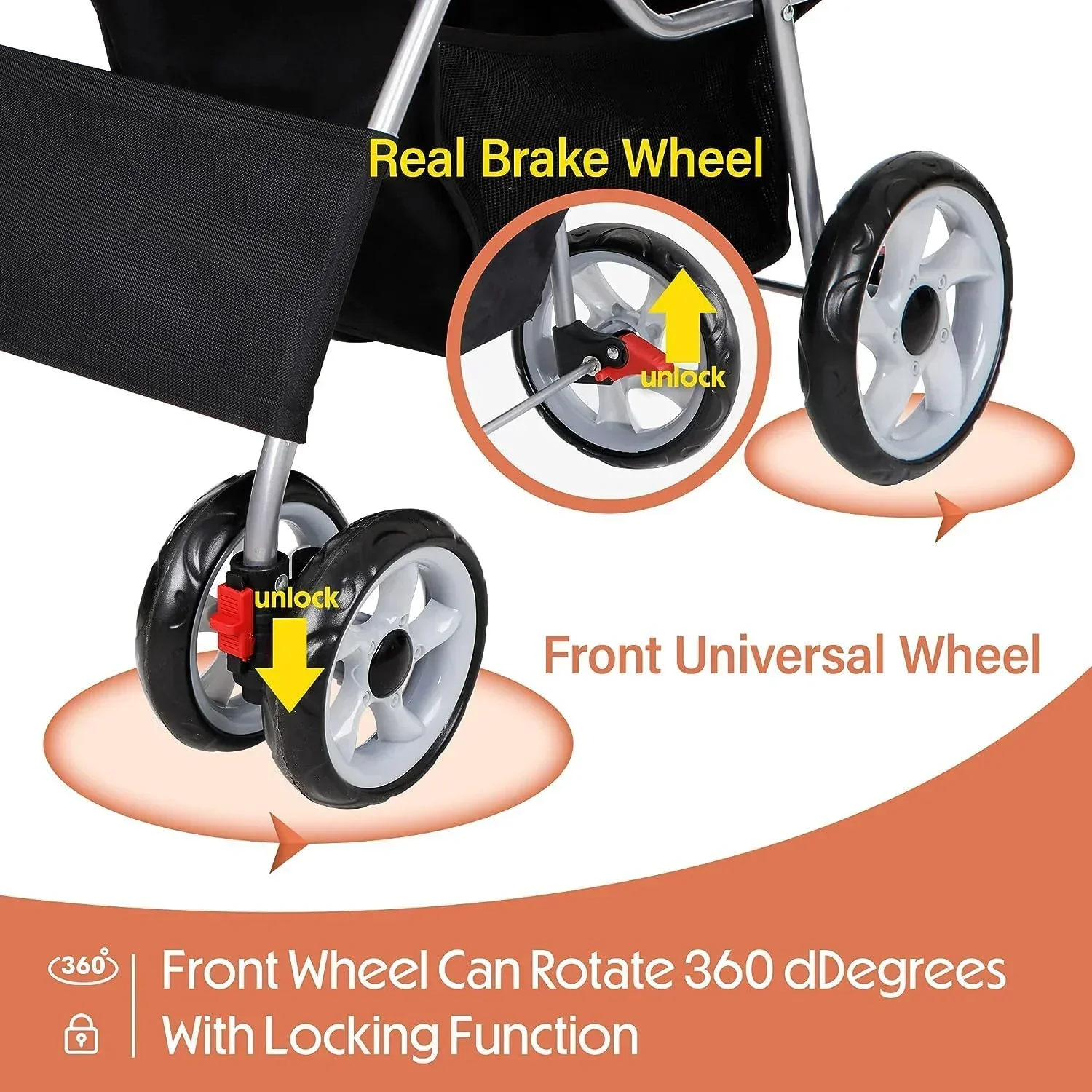 Foldable Cat/Dog Pet Stroller With 4 Wheel, Storage Basket, Cup Holder - Black - Image 3