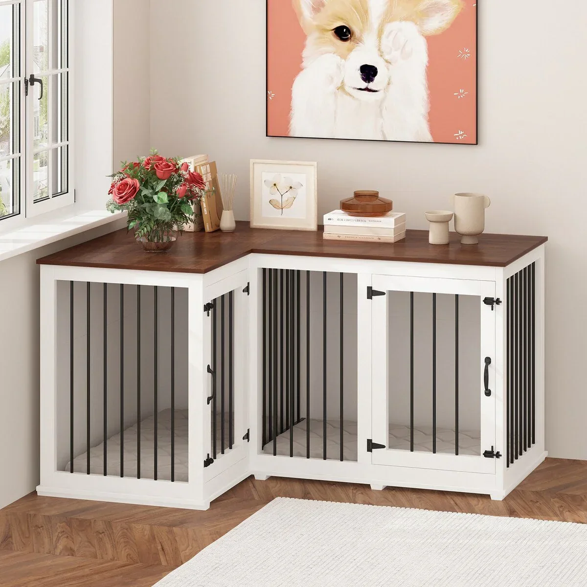 L Shape Corner Dog Crate Furniture For 2 Dogs, 58.7X41.1 - Image 8
