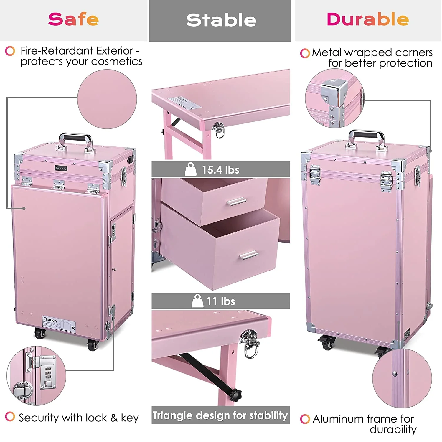 BYOOTIQUE Mobile Nail Station Rolling Makeup Train Case With Mirror, 4 Drawers - Pink - Image 5