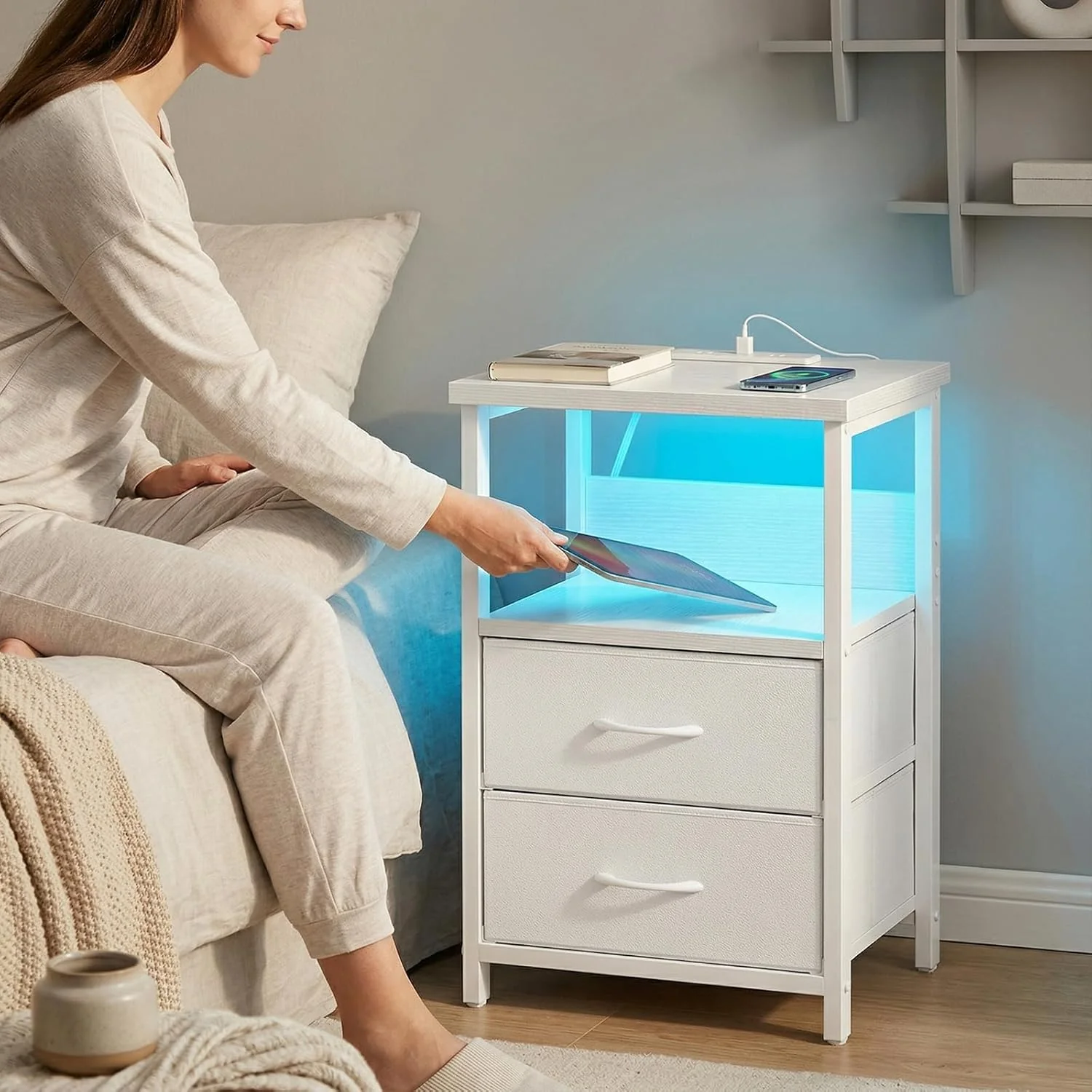 White LED Nightstand with Charging Station, 2 Fabric Drawers & Open Shelf - Image 2