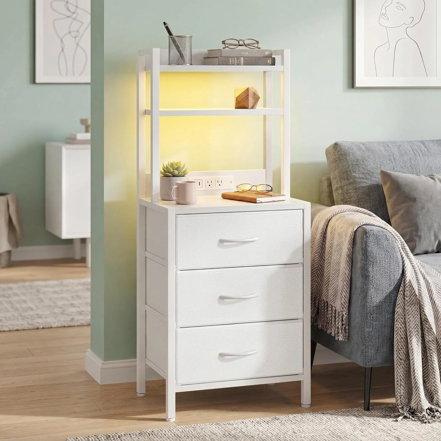 Tall White Nightstand with Charging Station, 3 Fabric Drawers, RGB LED & Bookshelf,White - Image 8