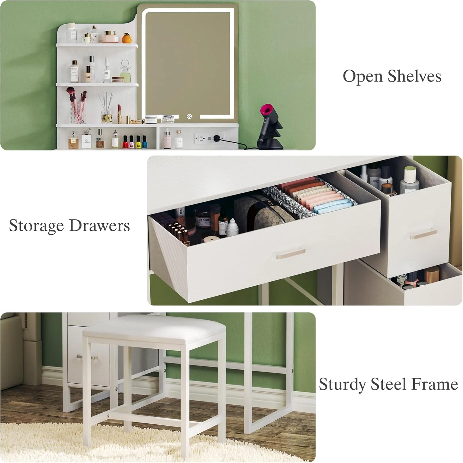 Fixwal 36.6" Makeup Vanity Table with 4 Drawers, LED Lighted Mirror & Charging Station - Image 7