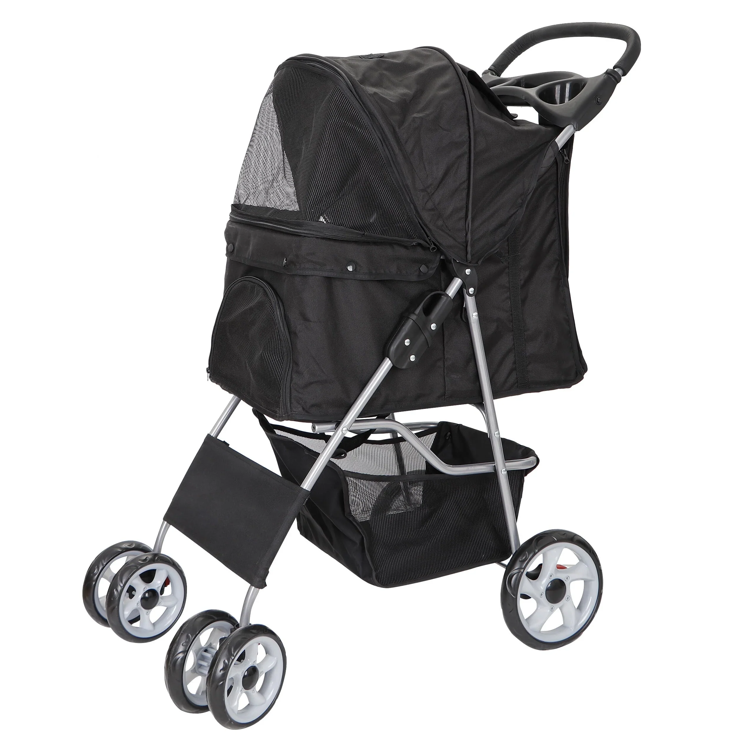 HomGarden 4 Wheel Foldable Pet Stroller Carrier Cart With Storage Basket And Cup Holder - Black - Image 4