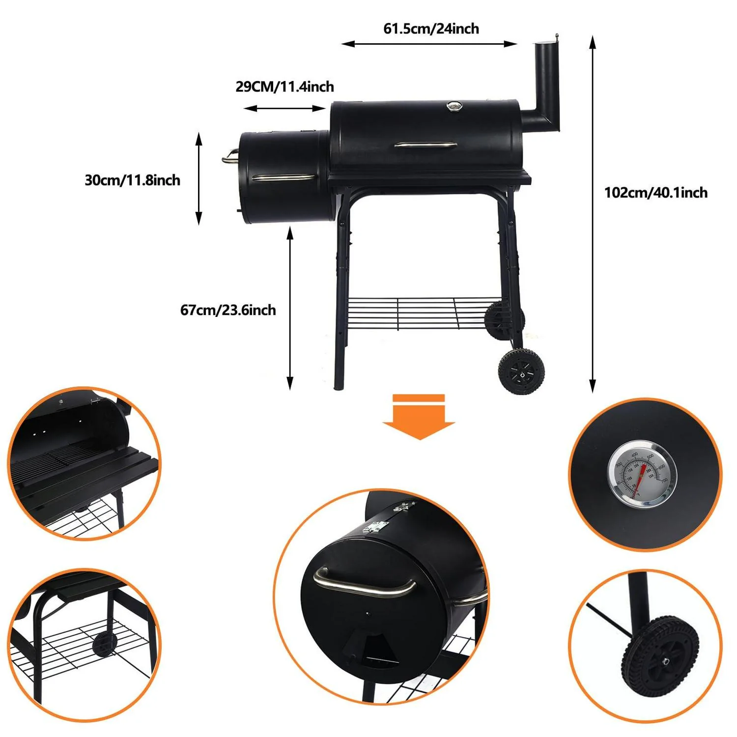 Vebreda Portable Charcoal BBQ Grill with Offset Smoker, Steel, Black, Thermometer, Wheels - Image 4