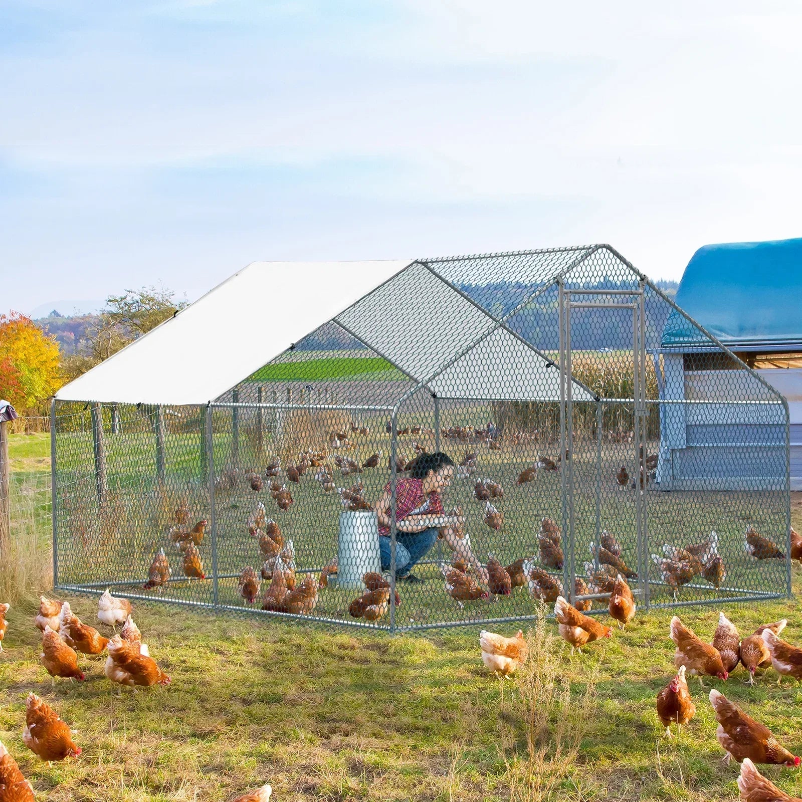 10 x 10 ft Metal Chicken Coop Walk-In Poultry Cage With Waterproof Cover - Image 7