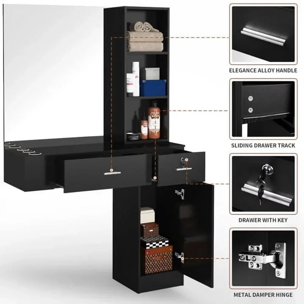 OmySalon Wall Mount Salon Station With Mirror, 1 Storage Cabinet, 2 Drawers And 3-Tier Shelf - Black - Image 7