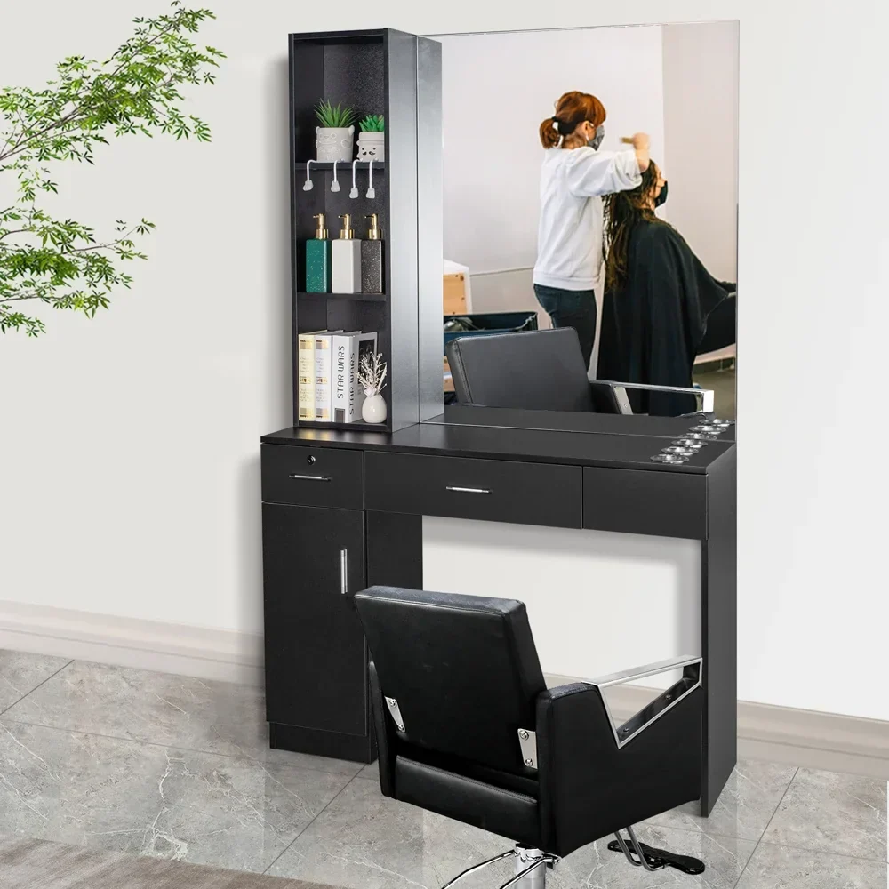 OmySalon Wall-Mount Barber Station With Mirror, 2 Drawers, 1 Storage Cabinet And 3 Open Shelves - Image 4