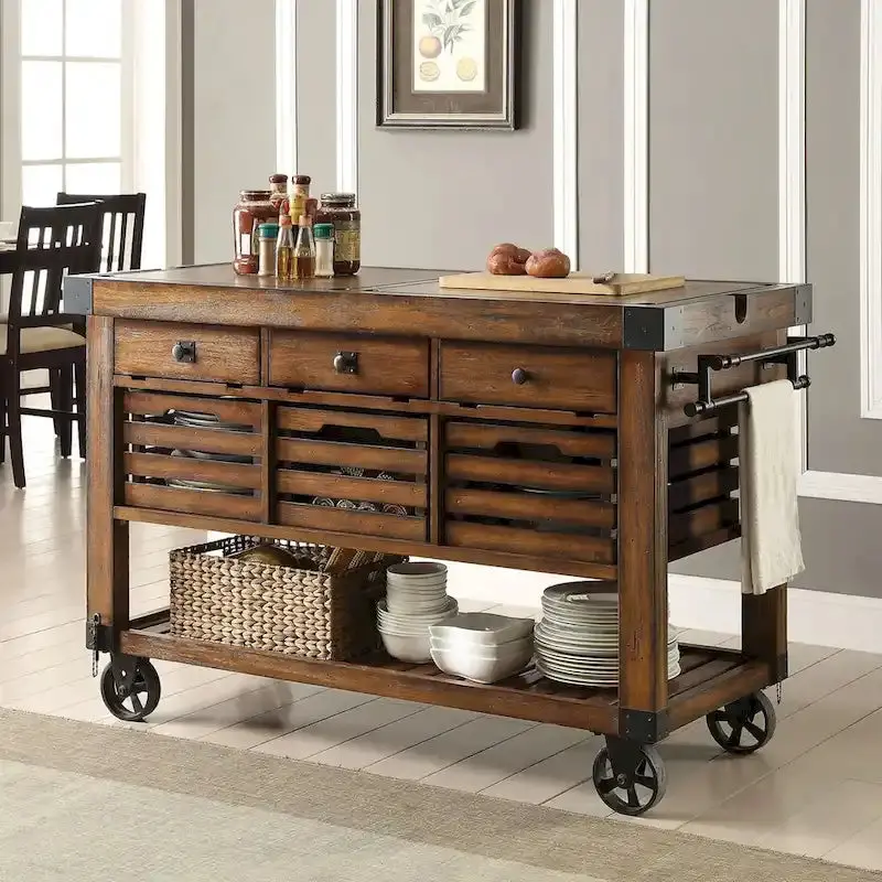 Kitchen Cart Rolling Island With 3 Storage Drawers - Distressed Chestnut - Image 2