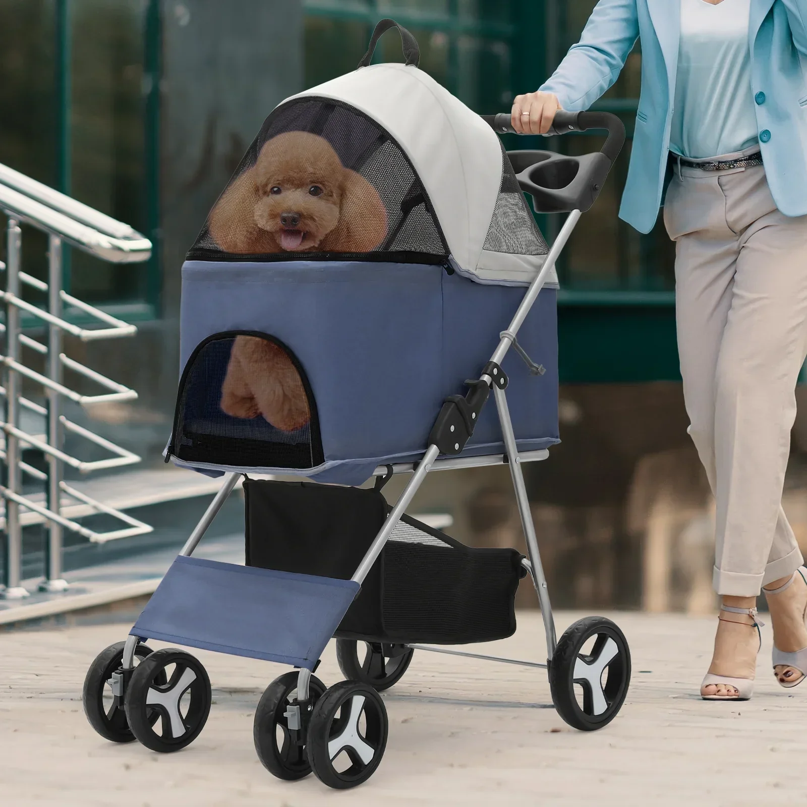 Magshion Foldable Pet Stroller, 4 Wheel, Navy Blue, 33 lbs Capacity - Image 3