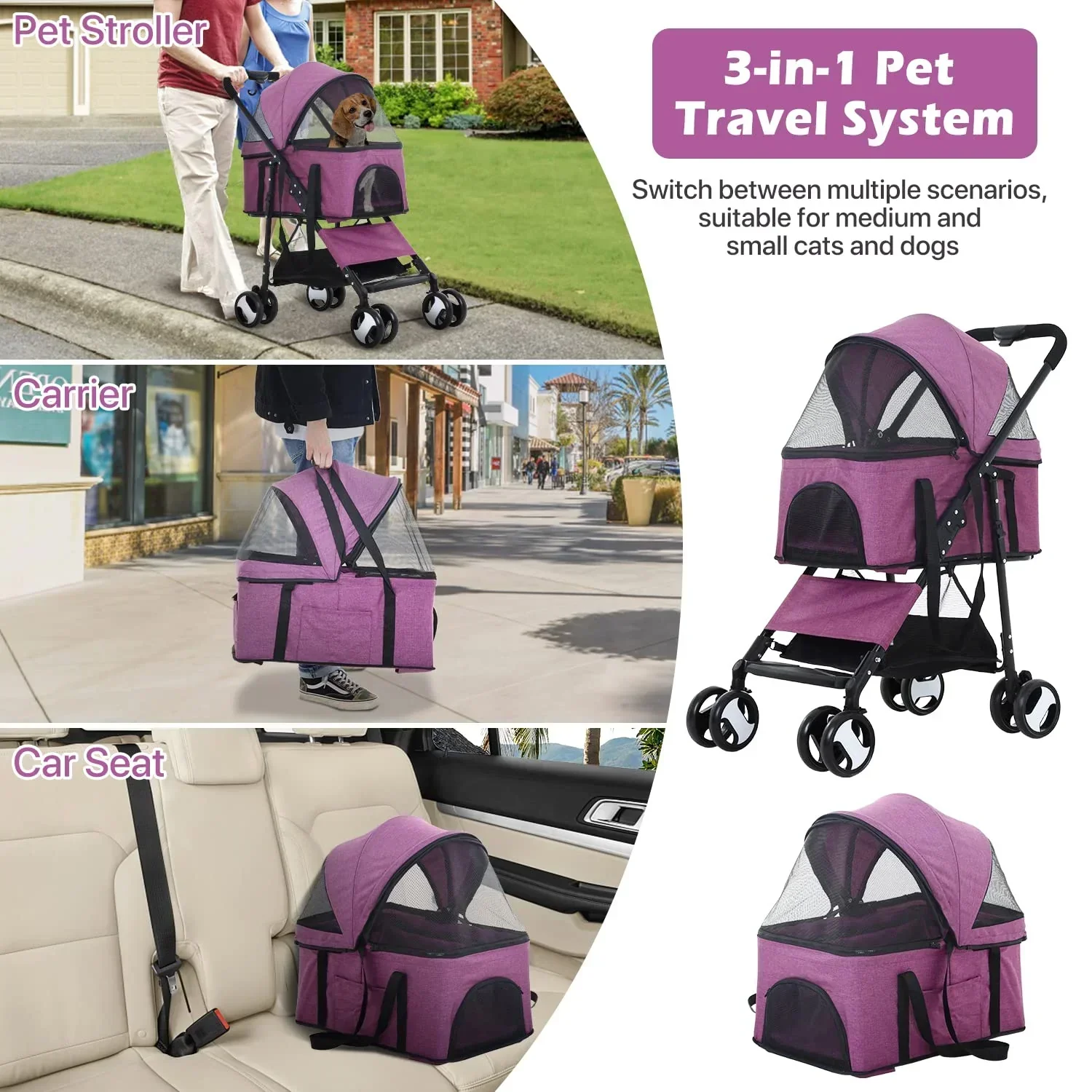 NiamVelo 3-in-1 Detachable Pet Stroller With 4 Wheels, Purple - Image 2