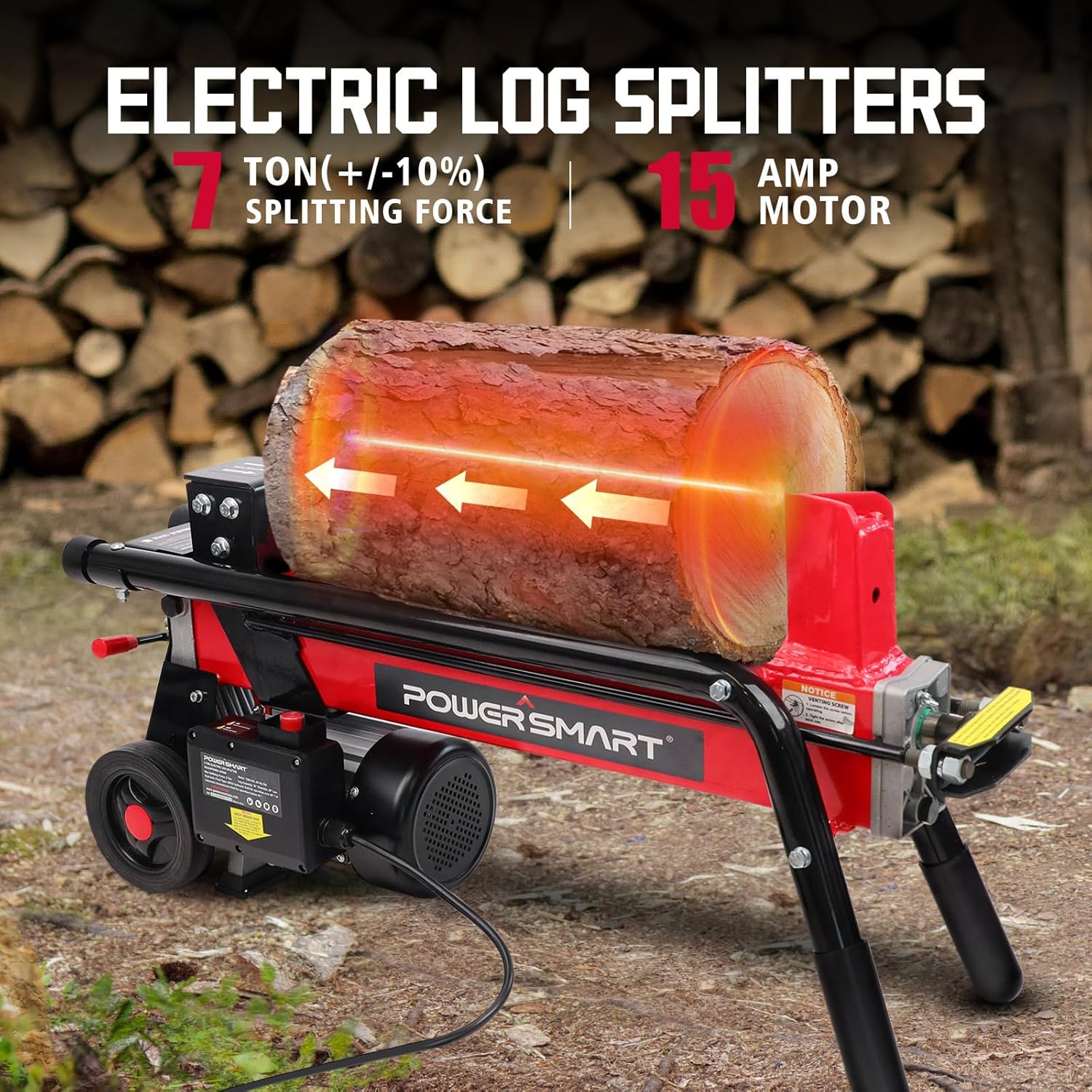 PowerSmart Electric Log Splitter 7-Ton - Efficient Wood Splitter with 3500 Motor Speed, 15 Amp, Horizontal Full Beam Design and Steel Wedge for Firewood & Kindling Cutting - Image 4