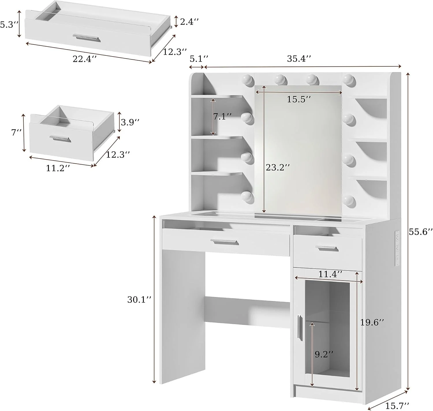 Fixwal Vanity Desk with Mirror and Lights, Makeup Vanity Table with RGB Drawers, 3-Color LED Lighting, Tempered Glass Top, 6 Shelves, Power Outlet, 35.4"W x 15.7"L x 55.1"H - Image 2