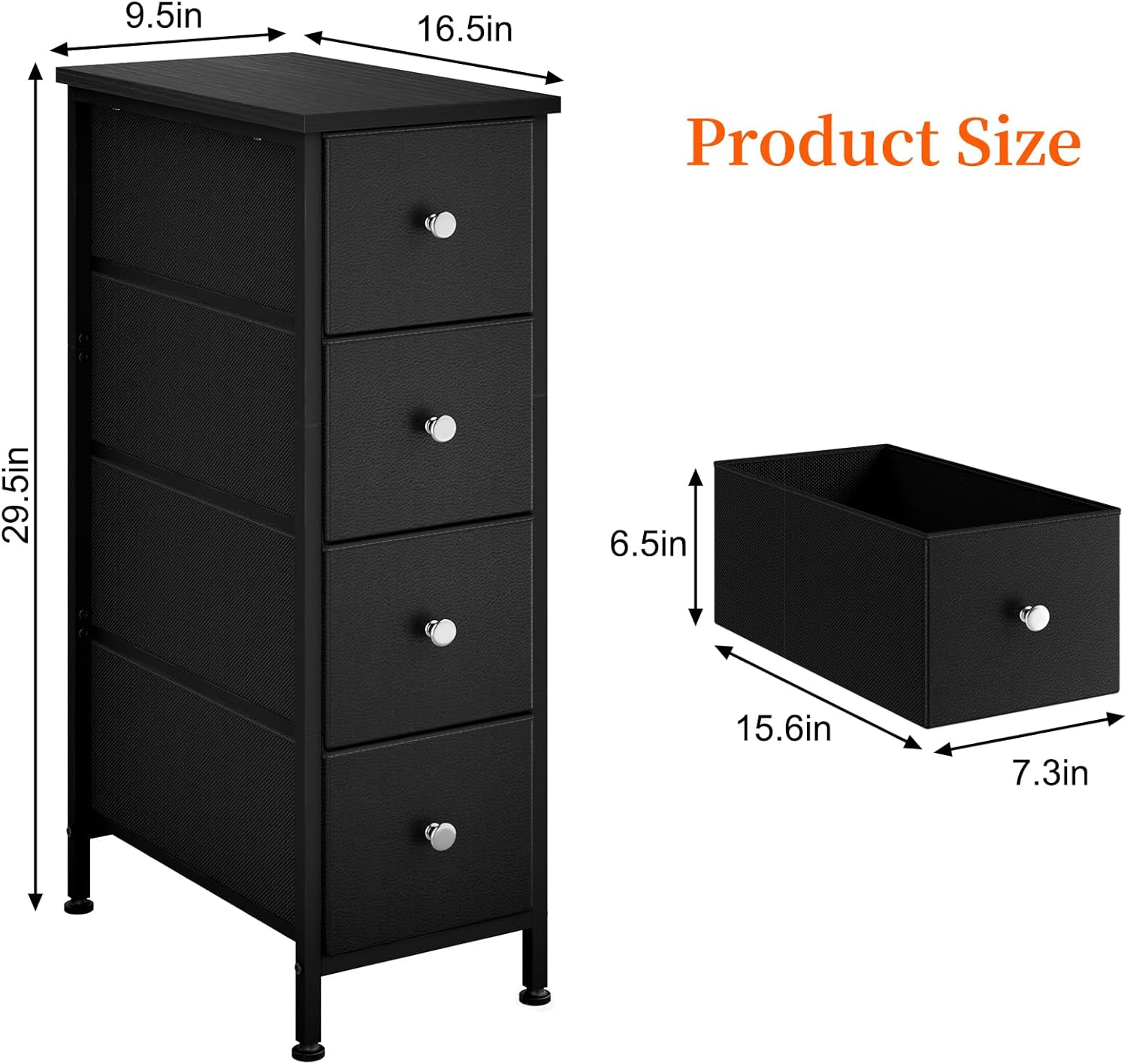 Black Narrow Storage Cabinet with 4 Fabric Drawers, Slim Storage Dresser - Image 4