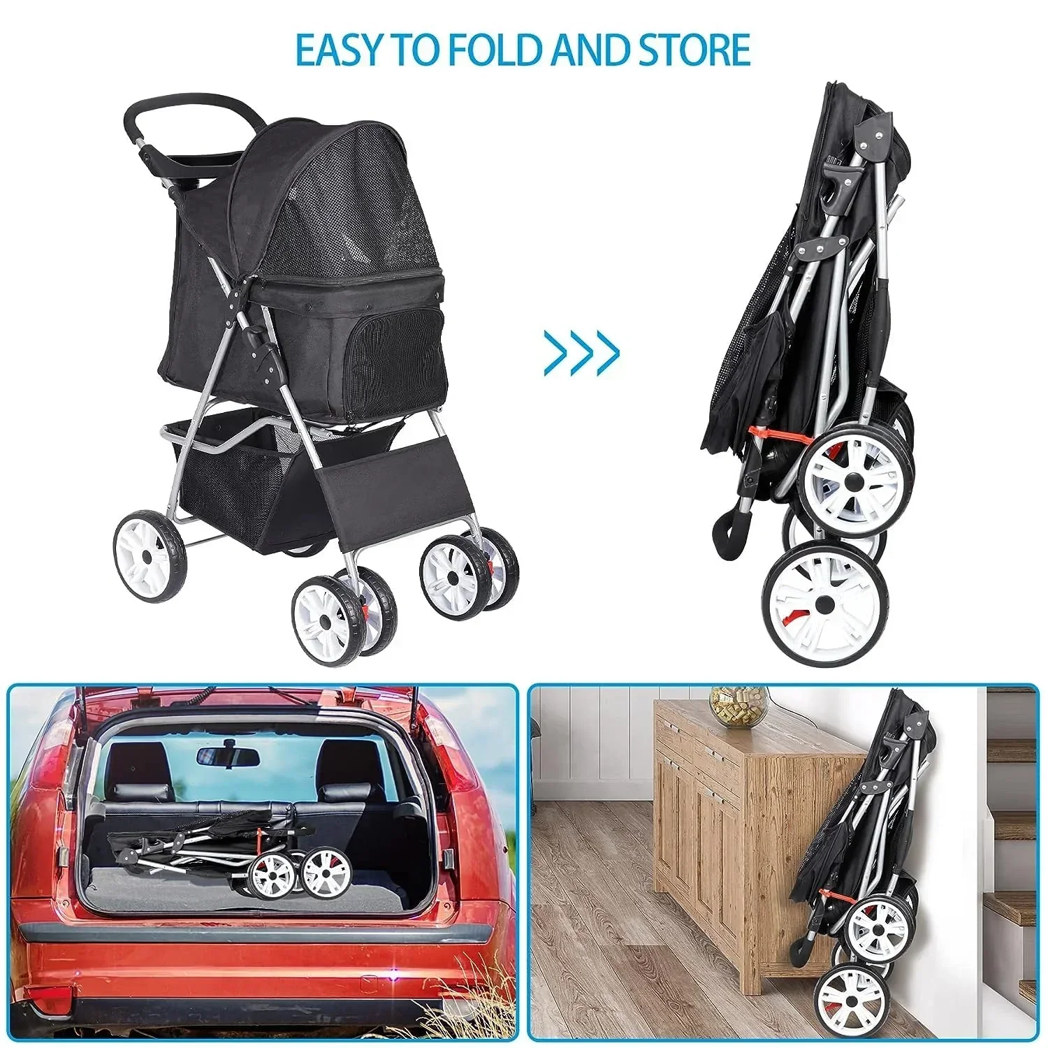 Foldable Cat/Dog Pet Stroller With 4 Wheel, Storage Basket, Cup Holder - Black - Image 5
