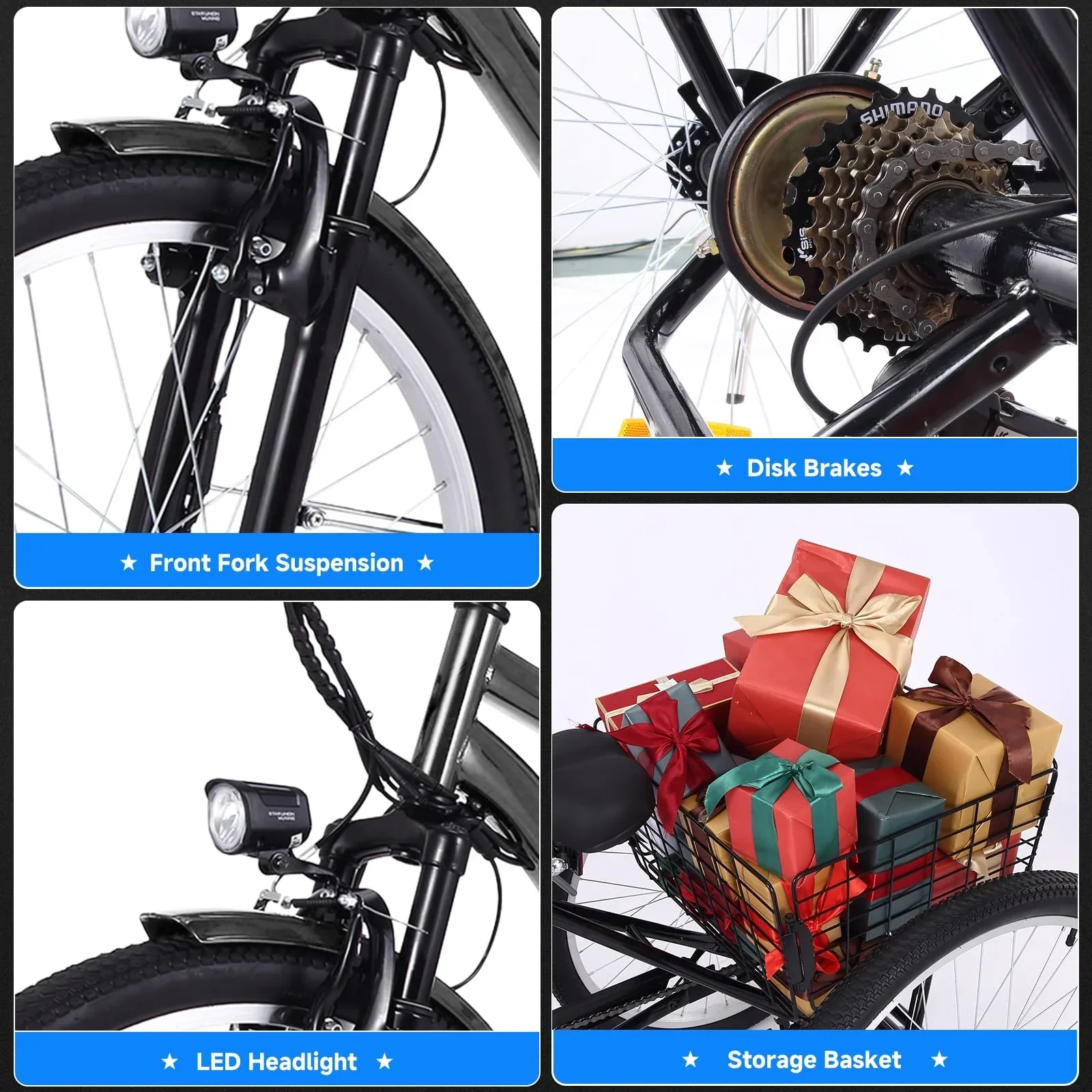 26 Inch Adult 3 Wheel Electric Tricycle with Basket, Fat Tires,7 Speeds,350W Powerful Motor, 36V 10Ah Removable Battery Dark Gray - Image 13
