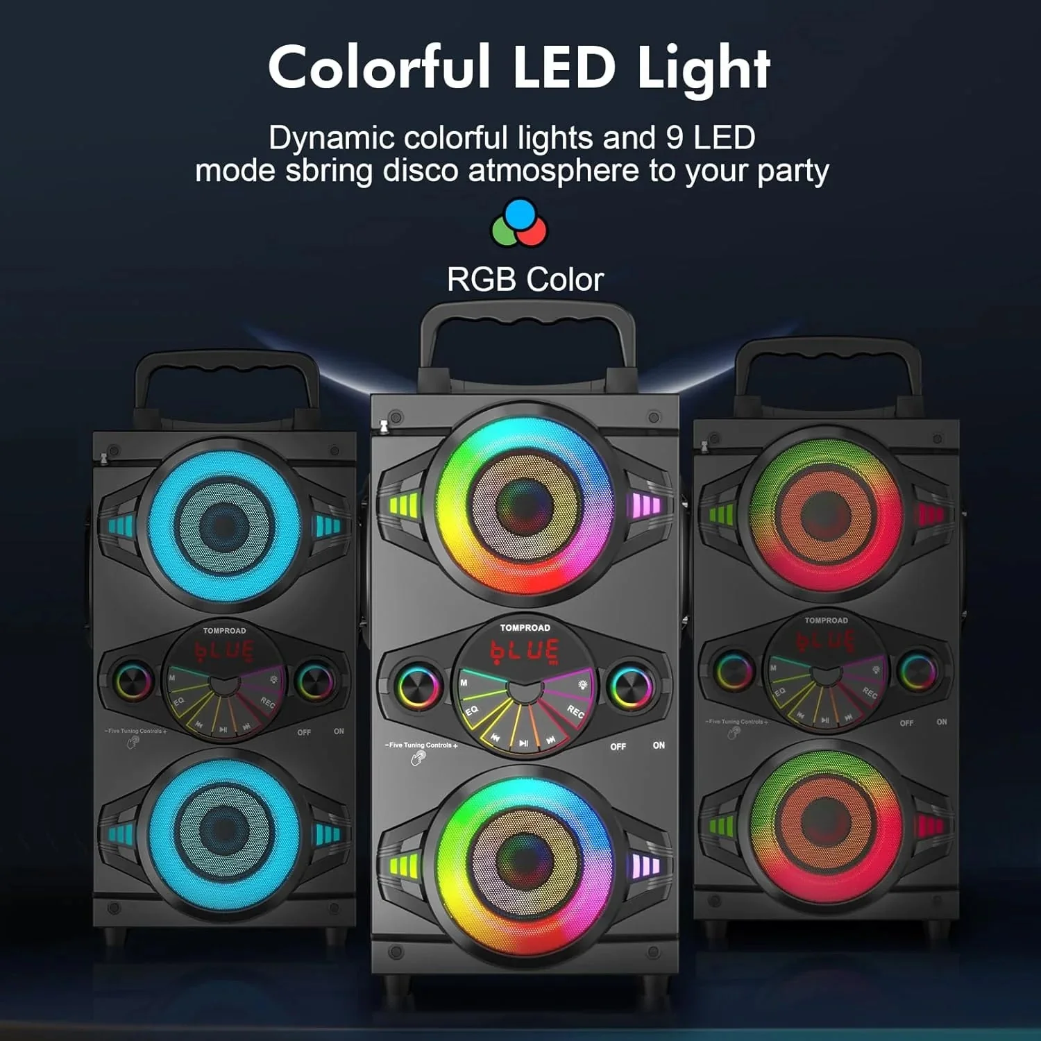 Speakers, 60W Portable Wireless Loud Outdoor Home Party Bluetooth Speaker with Subwoofer, FM Radio, LED Colorful Lights, Microphone, Remote and Big Powerful Stereo Deep Bass Sound Boombox - Image 3
