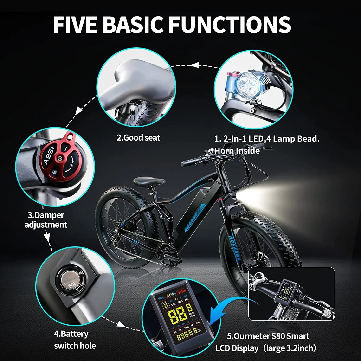 Electric Bike Electric Mountain Bike 500W Ebike26'' Fat Tire Ebike, 28+MPH Adults Ebike with Removable 48V 15ah Battery, Shimano 6 - Speed Black - Image 8