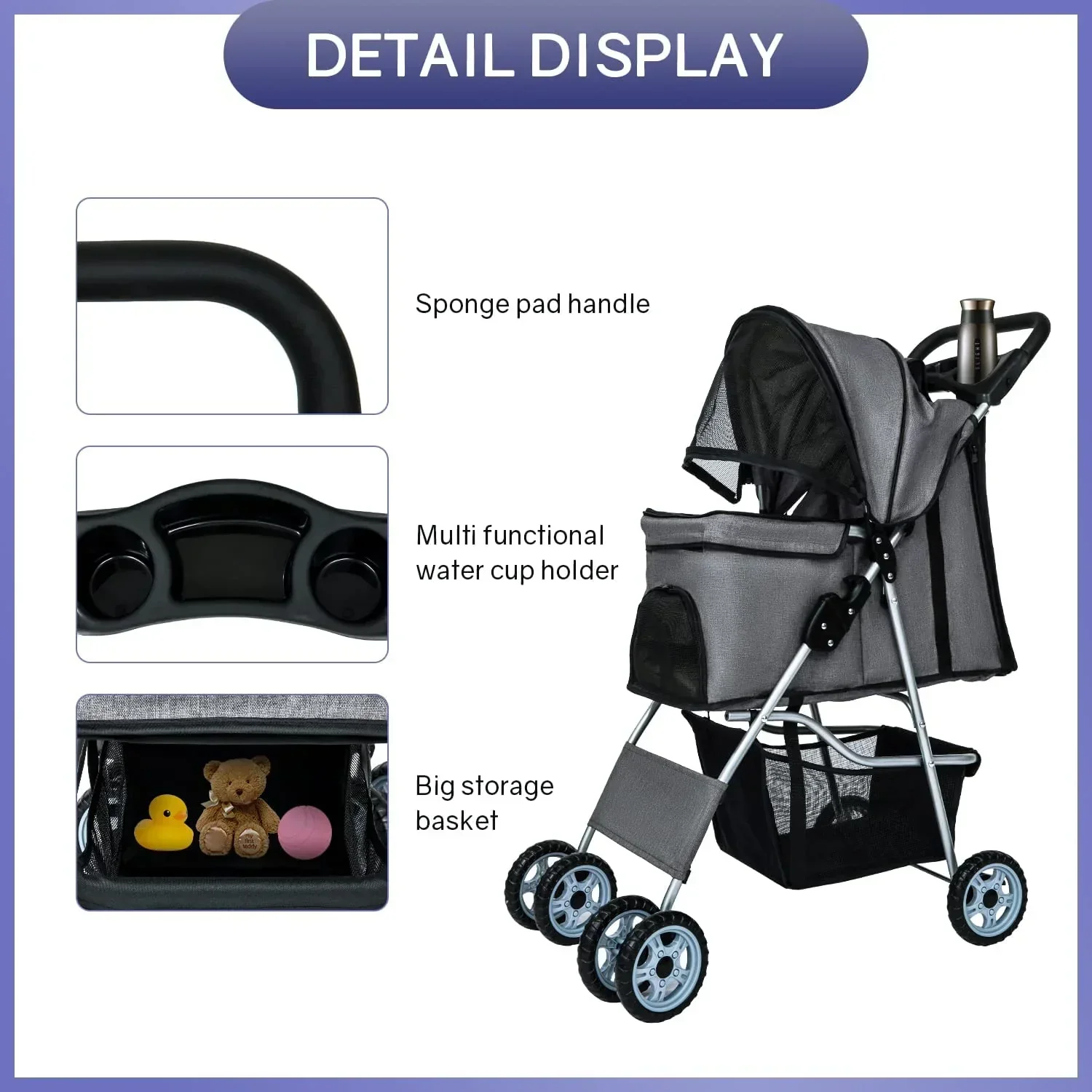 Dkelincs 4-Wheel Foldable Dog Cat Stroller Travel Carrier, Grey - 29.5in L x 18.9in W x 39.8in H - Image 4