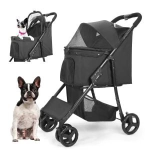 Wedyvko 4 Wheel Foldable Pet Stroller With Storage Basket For Small Medium Dogs & Cats - Black