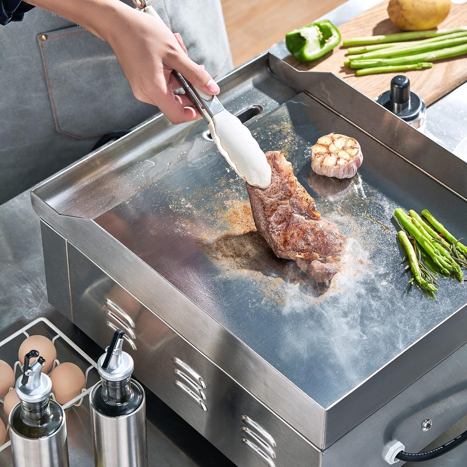 14 Inch Electric Griddle, Non-Stick Flat Top Grill Commercial Electric Countertop Griddles Stainless Steel Adjustable Temperature Control 90F-575F for Home or Restaurant Use - Image 9