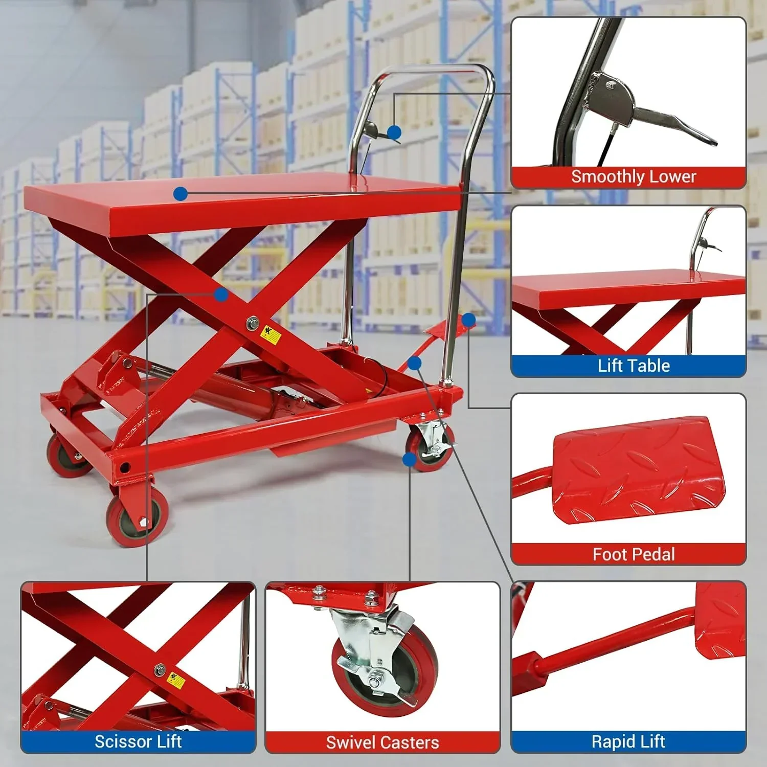 500LBS Hydraulic Lift Table Cart, 30" Lifting Height., Double Scissor Lift Table with 4 Wheels and Non-Slip Pad, Hydraulic Scissor Lift Table for Material Handling and Transportation - Image 3
