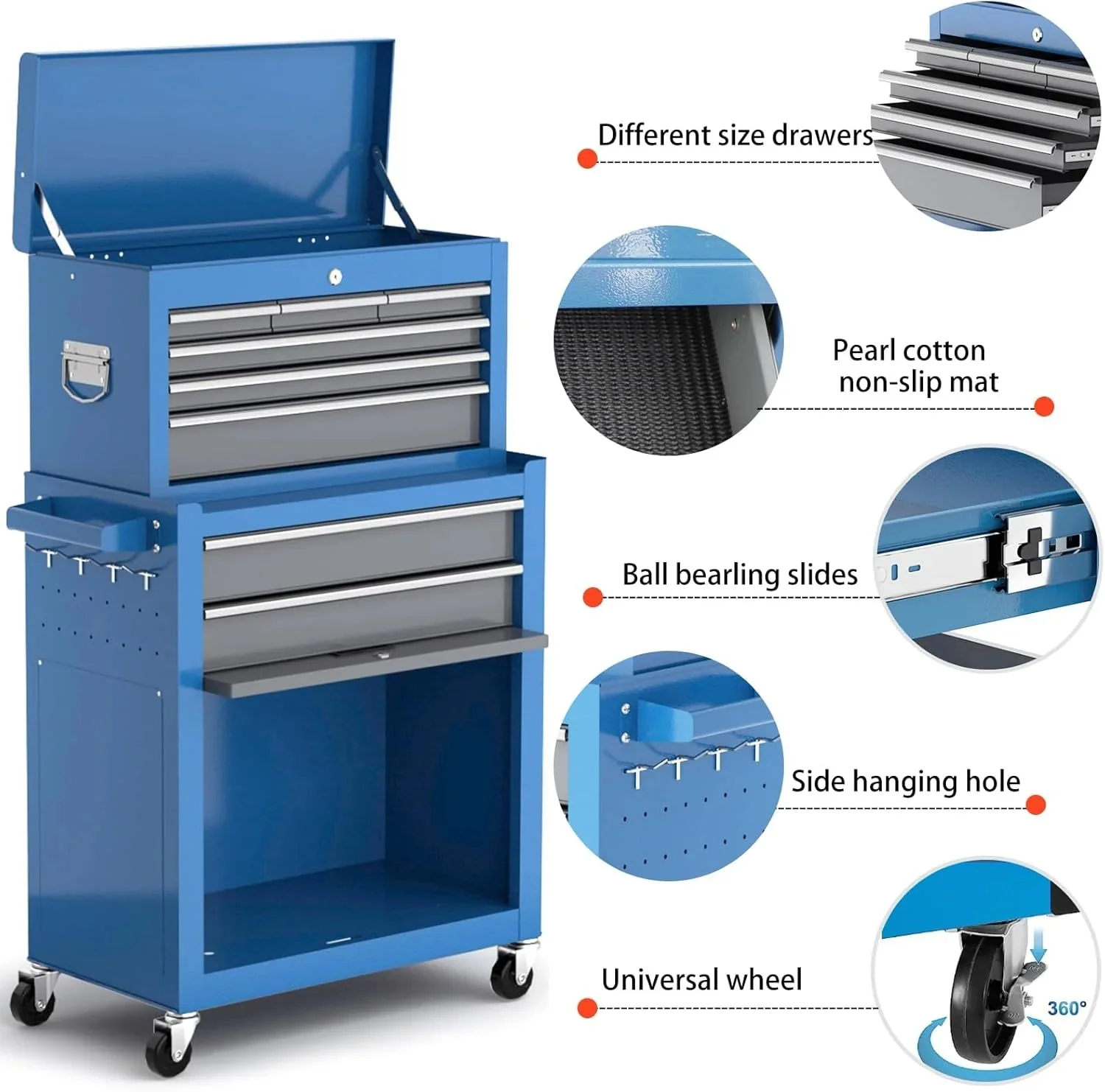 Tool Chest 8-Drawer | 42'' Large Rolling Tool Chest with Wheels | Detachable Top Metal Tool Box | Garage Storage Cabinet for Repair Room,Warehouse | Rolling Tool Box with Hooks,Liners,Tray Divider - Image 4