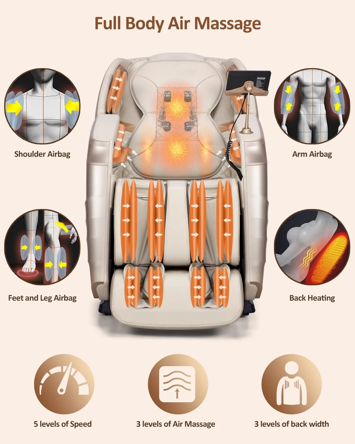 RELX Full Body Zero Gravity SL-Track Shiatsu Massage Chair, Cream - Image 4