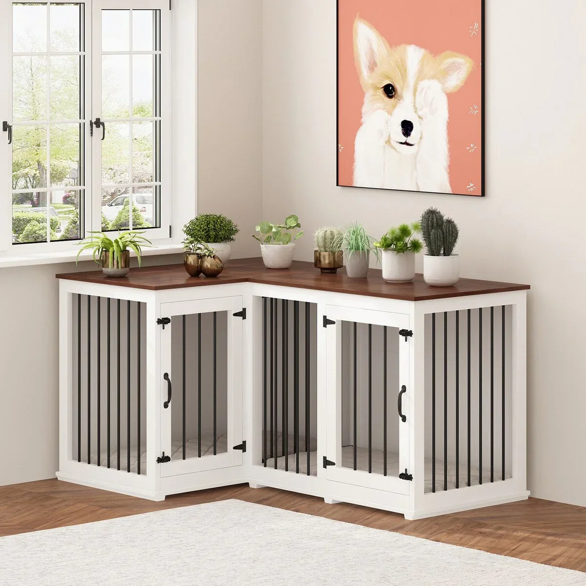 L Shape Corner Dog Crate Furniture For 2 Dogs, 58.7X41.1 - Image 9