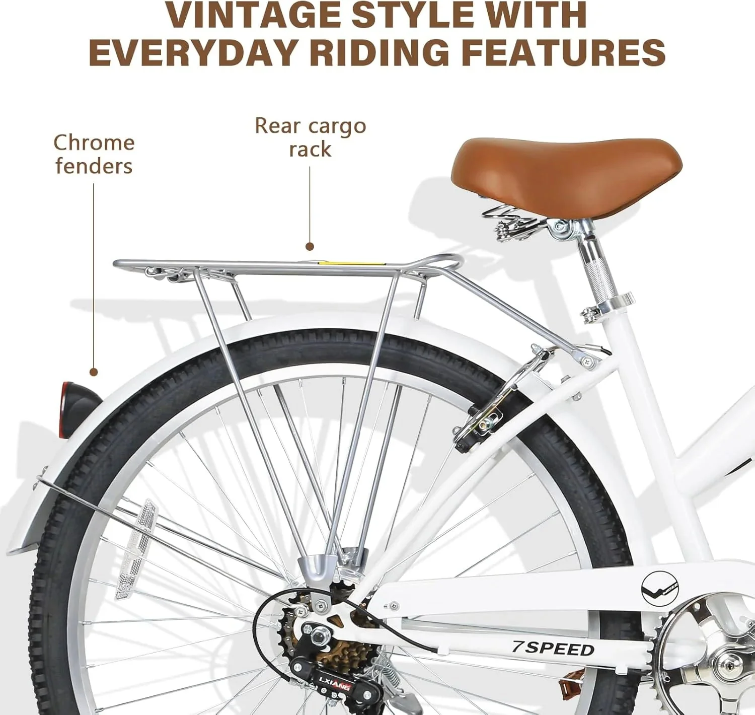 WEIZE Beach Cruiser Bike, 26 inch Commuter Bicycle for Adult Men and Women, 7-Speed/High-Carbon Steel/Front & Rear Fenders, Comfortable City Bikes with Rear Rack or Basket, Ergonomic Upright Design - Image 6
