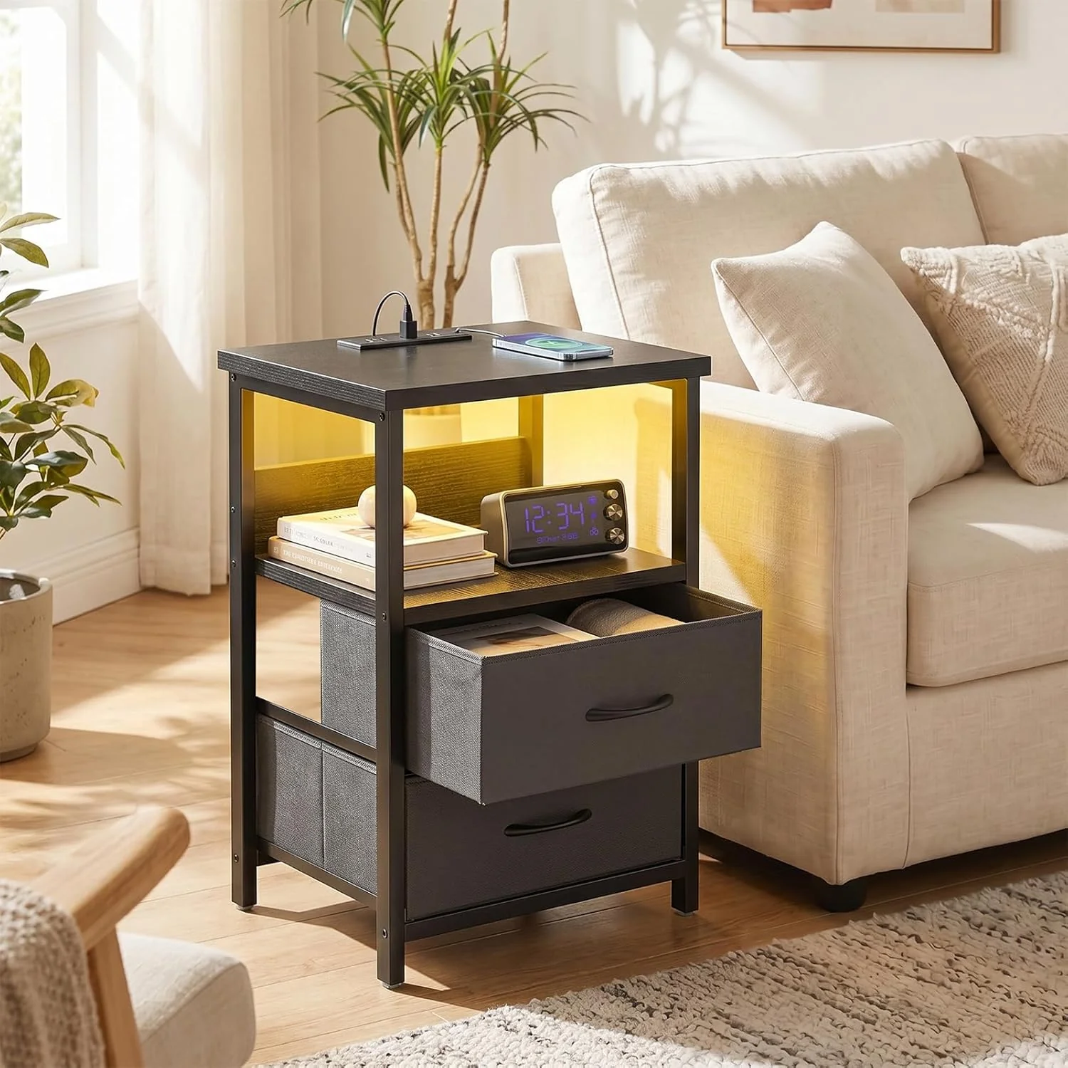 Black Nightstand Set of 2 with Charging Station, RGB LED & 2 Fabric Drawers - Image 2
