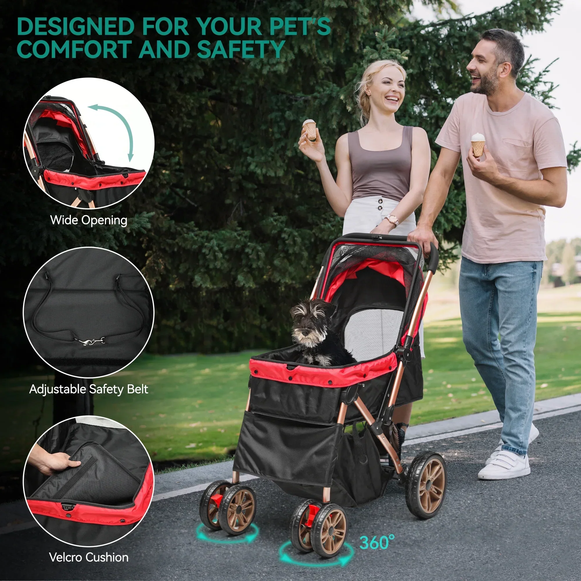 Dextrus 4-Wheel Foldable Pet Stroller With 7-inch Front And 10-inch Rear Wheels, 48.5 lbs Capacity - Image 5